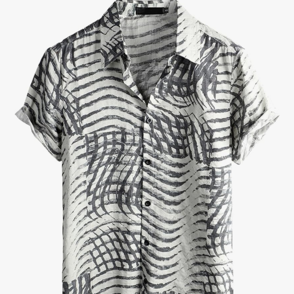 Vatpone Mens XL Short Sleeve Collared Blk & Wht Geometric Pattern
